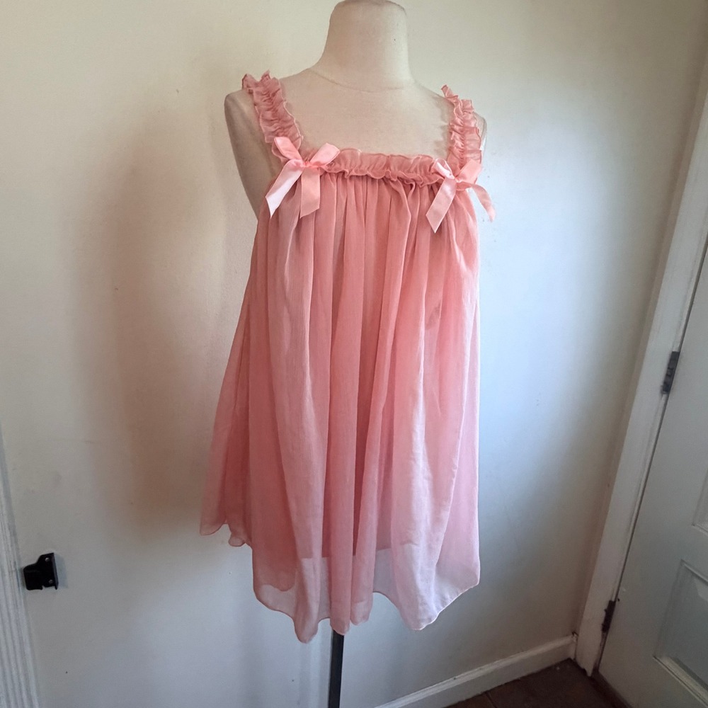 Romwe Pink Sheer Babydoll Nightgown Ruffle Bow Lingerie XL